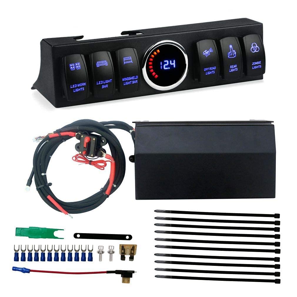 6 Gang Rocker Switch Panel with Blue Backlight Control Pod and Relay Box C1557