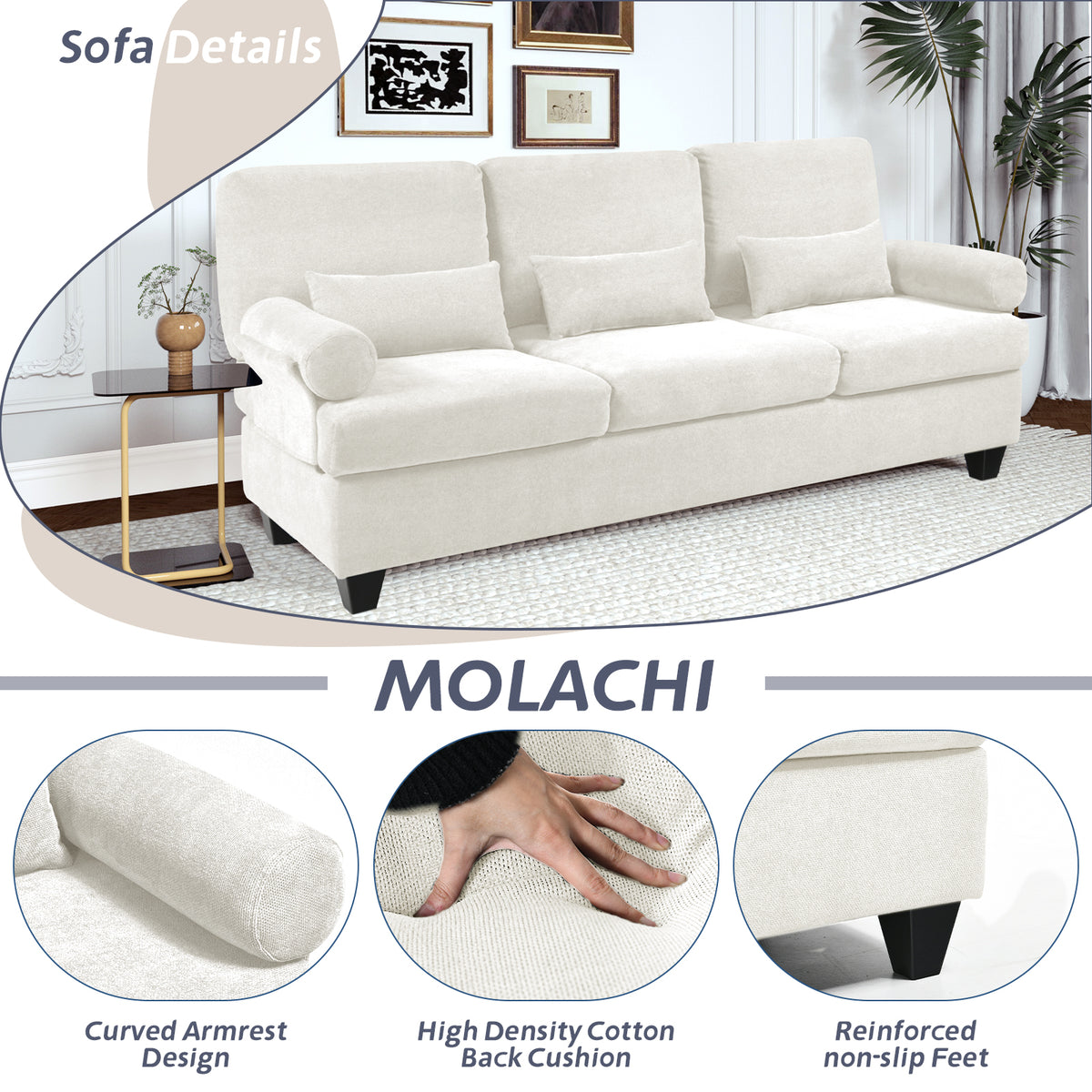 82" 3-seat Deep Seat Sofa with 3 Soft Pillows L600