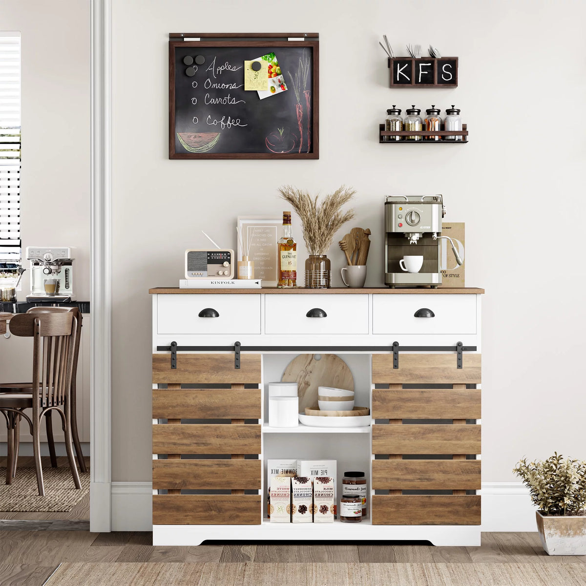 White 3 Drawer Buffet Cabinet with Sliding Barn Doors Z86715