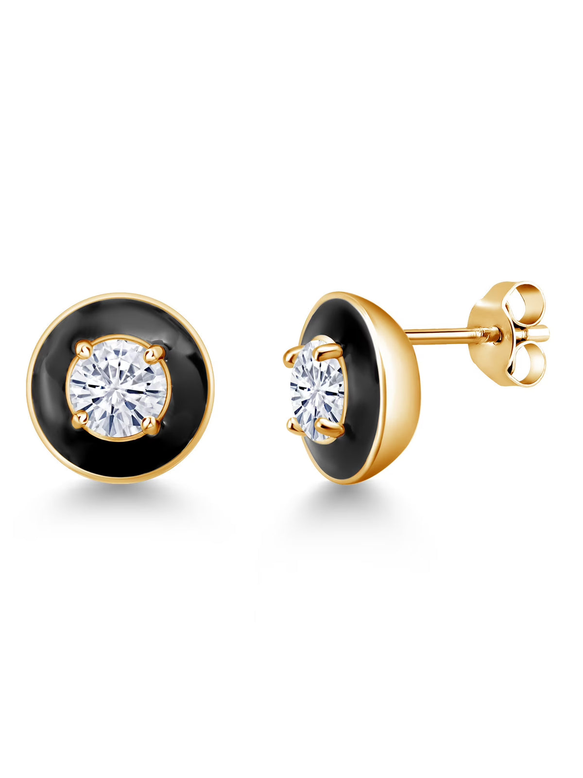 18K Yellow Gold Plated Silver White Moissanite Black Enamel Stud Earrings S678551
