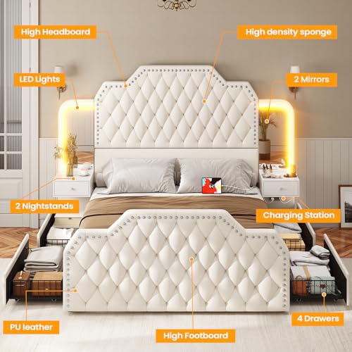 Queen Bed Frame with Tall Headboard and 4 Storage Drawers, White O2091