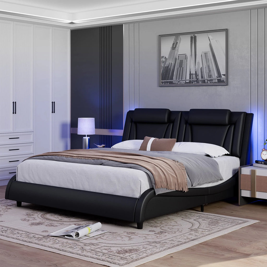 King Size White PU Leather Upholstered Platform Bed Frame H549077
