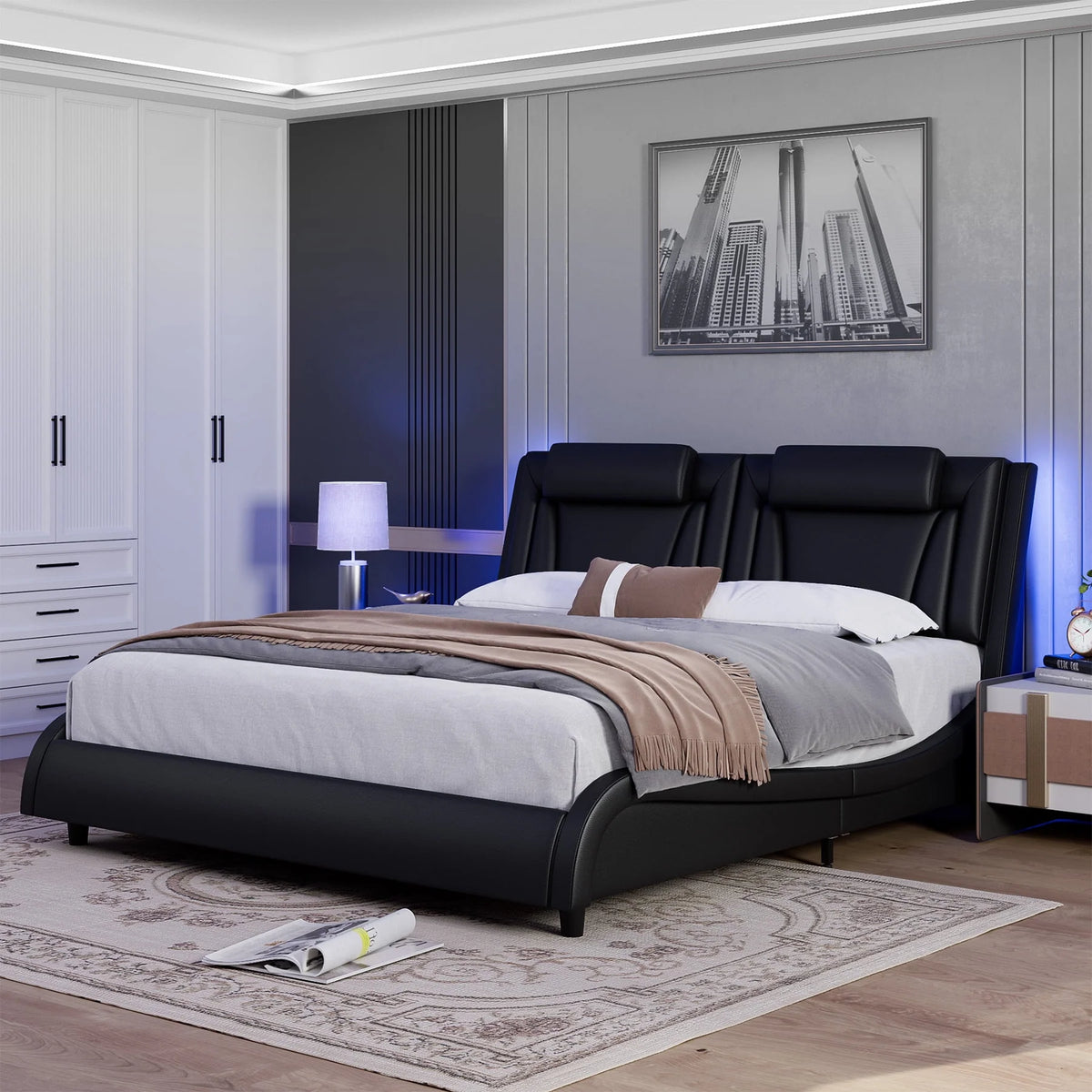 King Size White PU Leather Upholstered Platform Bed Frame H549077
