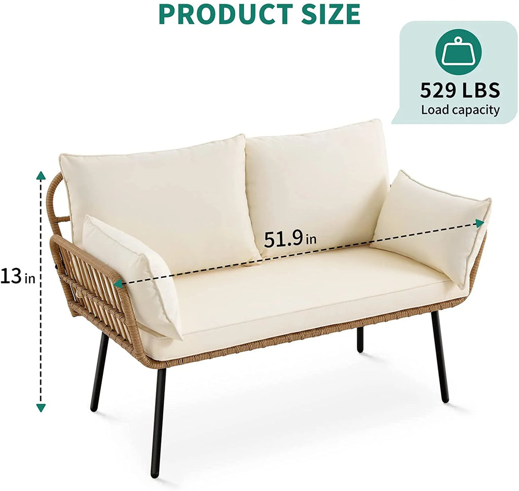 Wicker Loveseat Sofa with Beige Cushions E247338