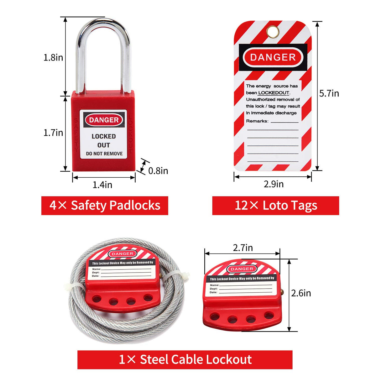 Lockout Tagout Kit with Safety Padlocks, Hasp, Breaker Lockout, Ball Valve Lockout, Steel Cable Lockout, Plug, Valve Lockout, Tags P31119