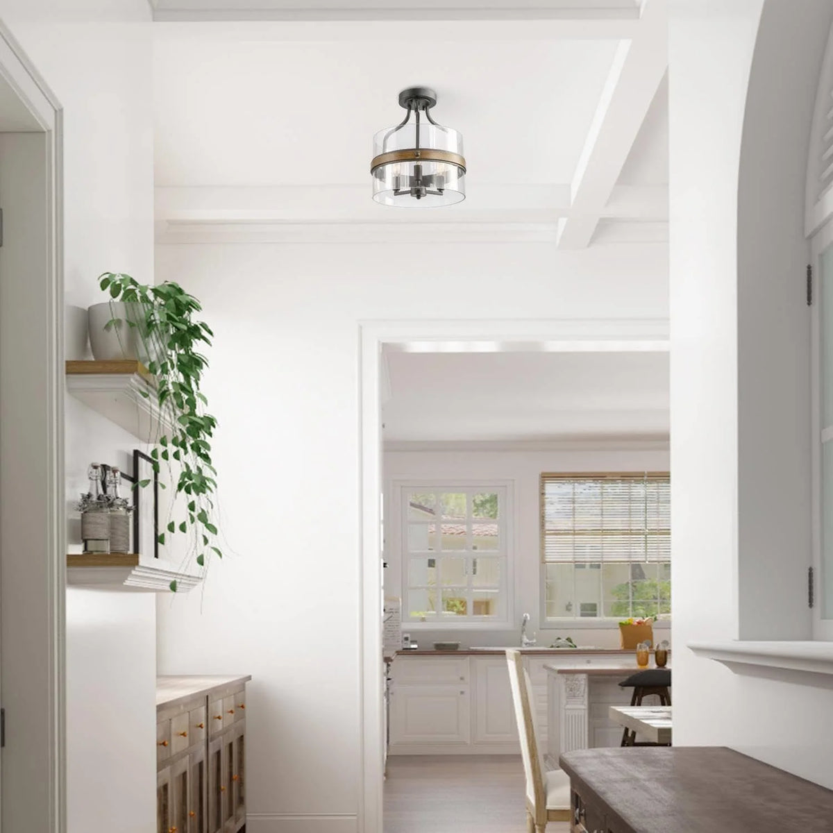 Semi Flush Mount Ceiling Light with Faux Wood & Clear Glass N90075