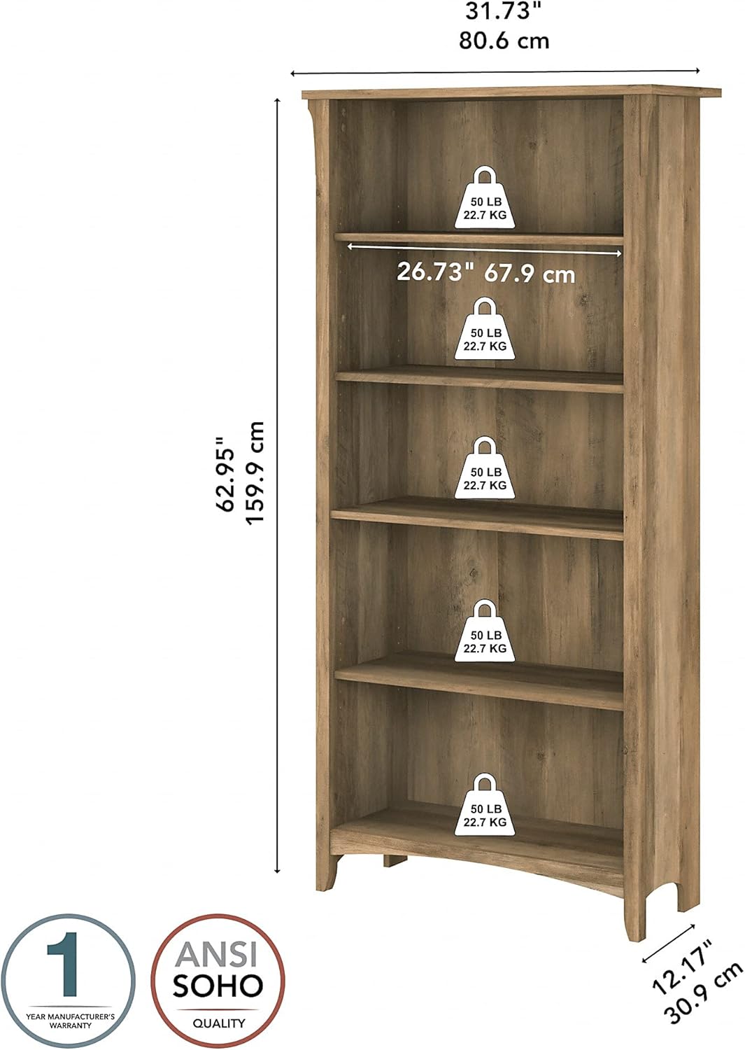 Tall 5 Shelf Bookcase, Reclaimed Pine F1221