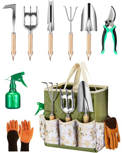 9-Piece Heavy Duty Stainless Steel Gardening Tool Set with Storage Tote (Green) L638