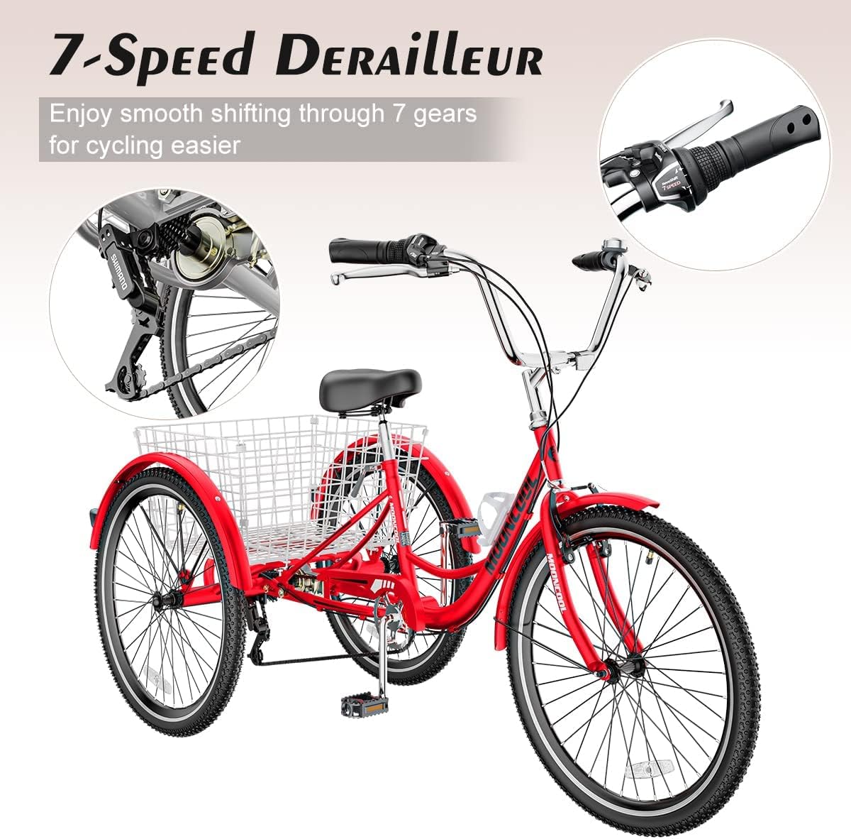Red 7 Speed 3 Wheel Adult Tricycle with Basket K61542