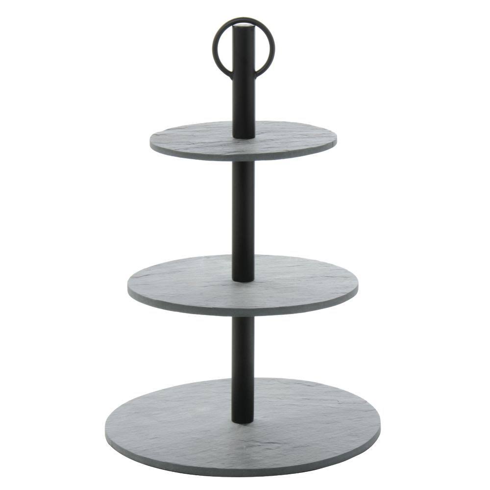 Black Powder-Coated Metal and Slate Round Serving Stand J88040