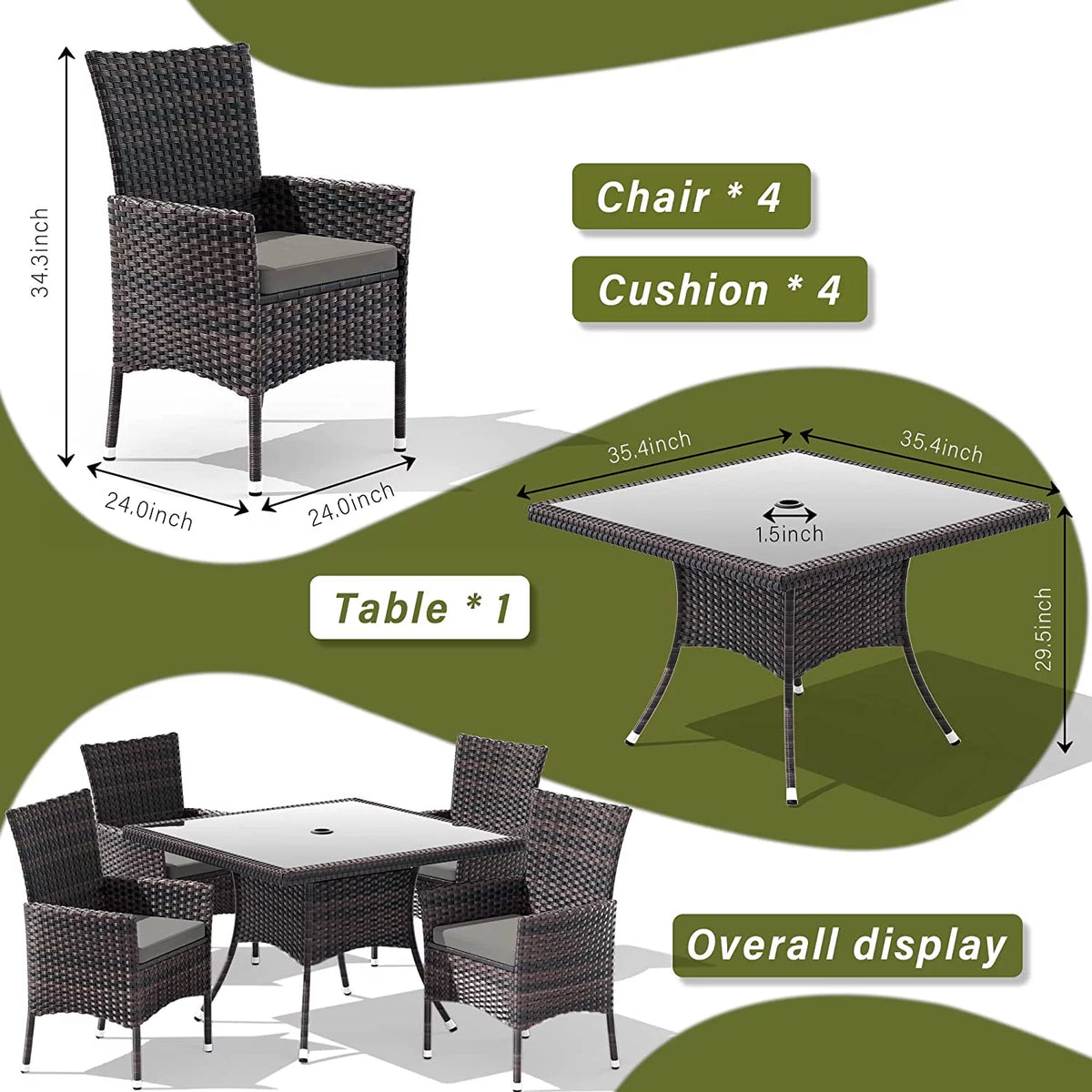 5 Pieces Patio Dining Set with Glass Tabletop 4 Chairs with Cushions Gray D76800