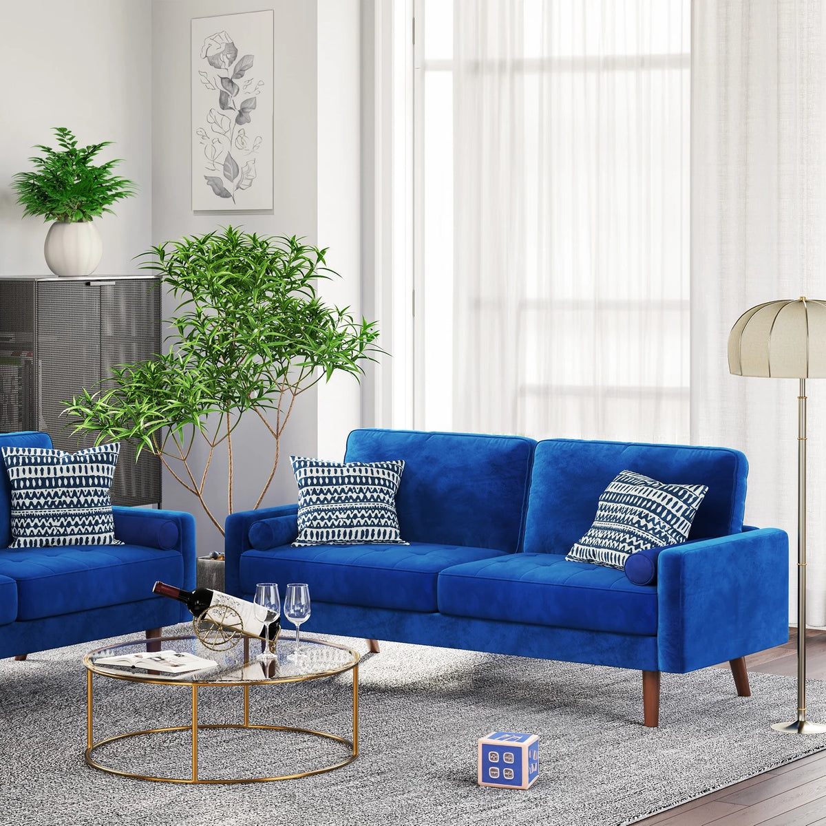 Blue Velvet Rolled Arm Sofa L188