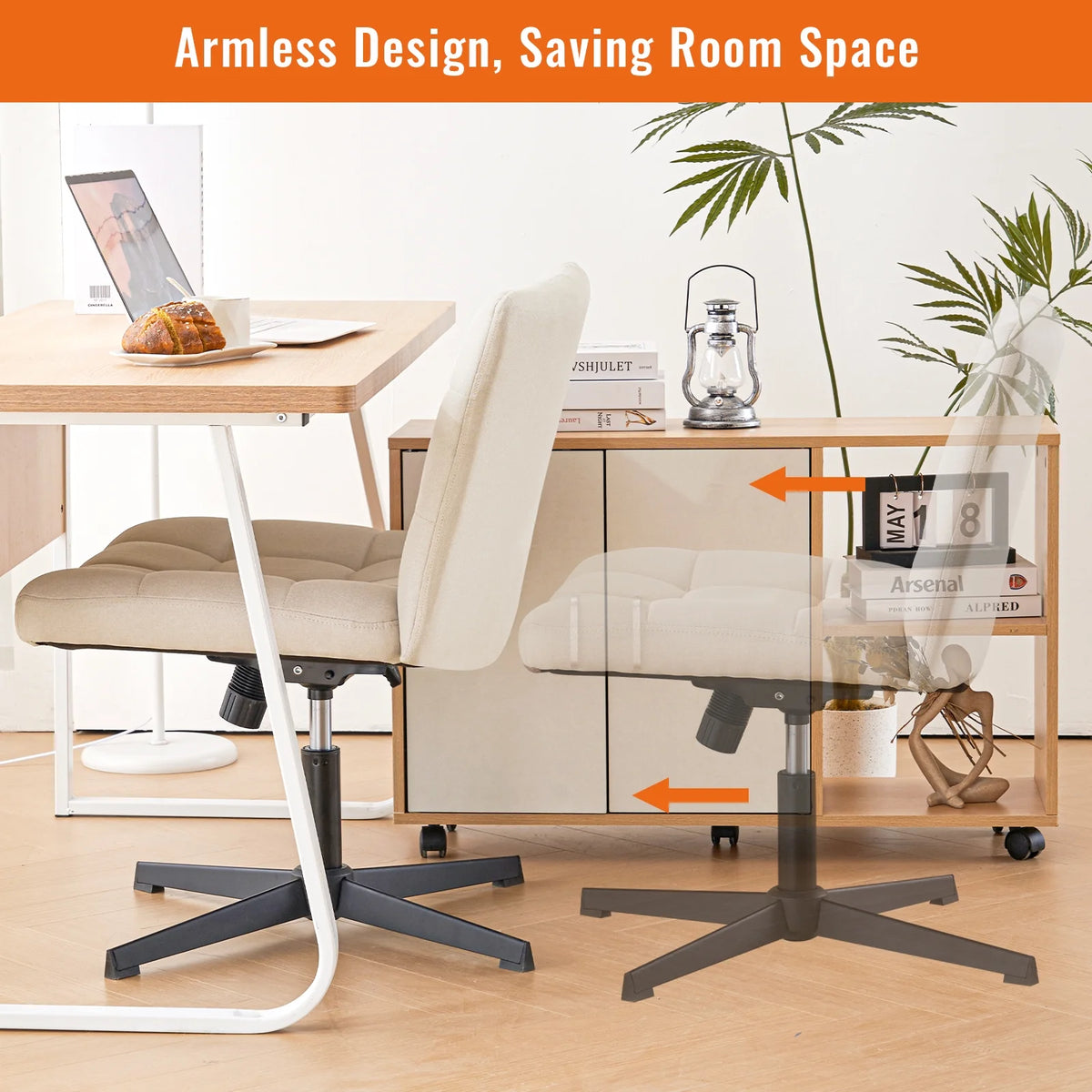 Beige Armless Swivel Ergonomic Office Chair Q2752