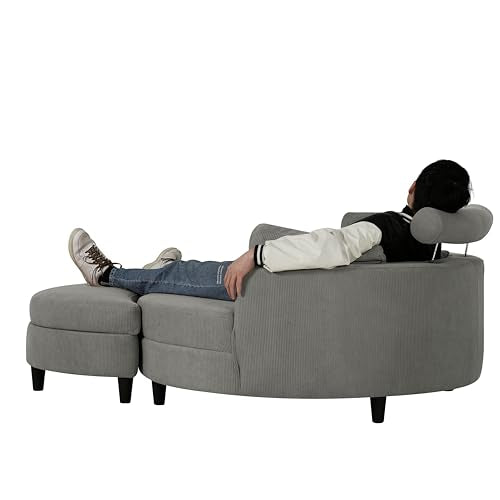 Oversized Corduroy Accent Barrel Chair with Adjustable Headrest, 4 Pillows, Storage Ottoman & Removable Tray M11824