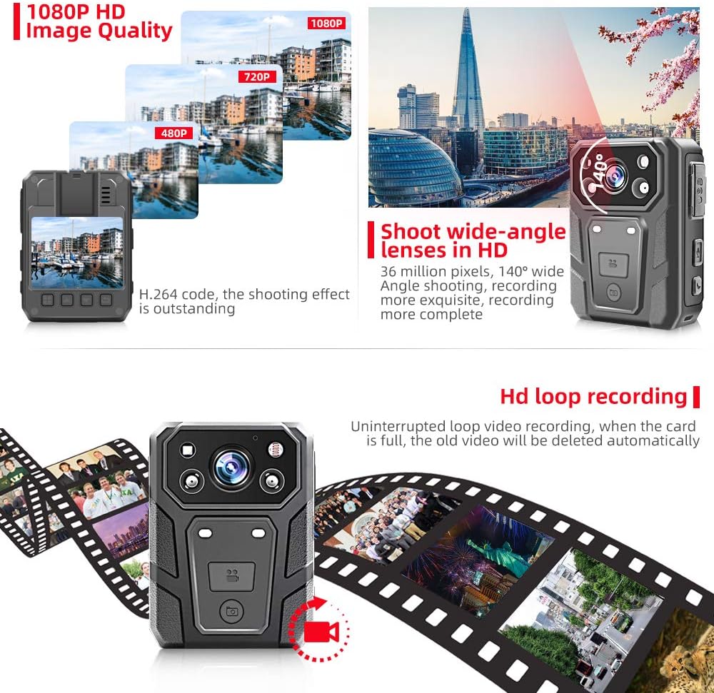 1296P HD Waterproof Body Camera with 2 Inch Display, IR Night Vision, 64GB Memory Y166