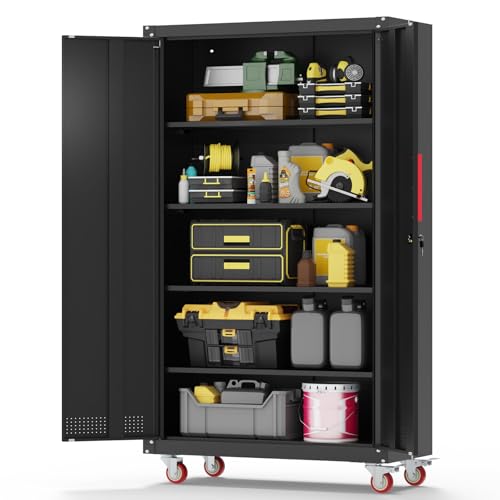 Lockable Metal Garage Storage Cabinet with Wheels and Workbench P6280