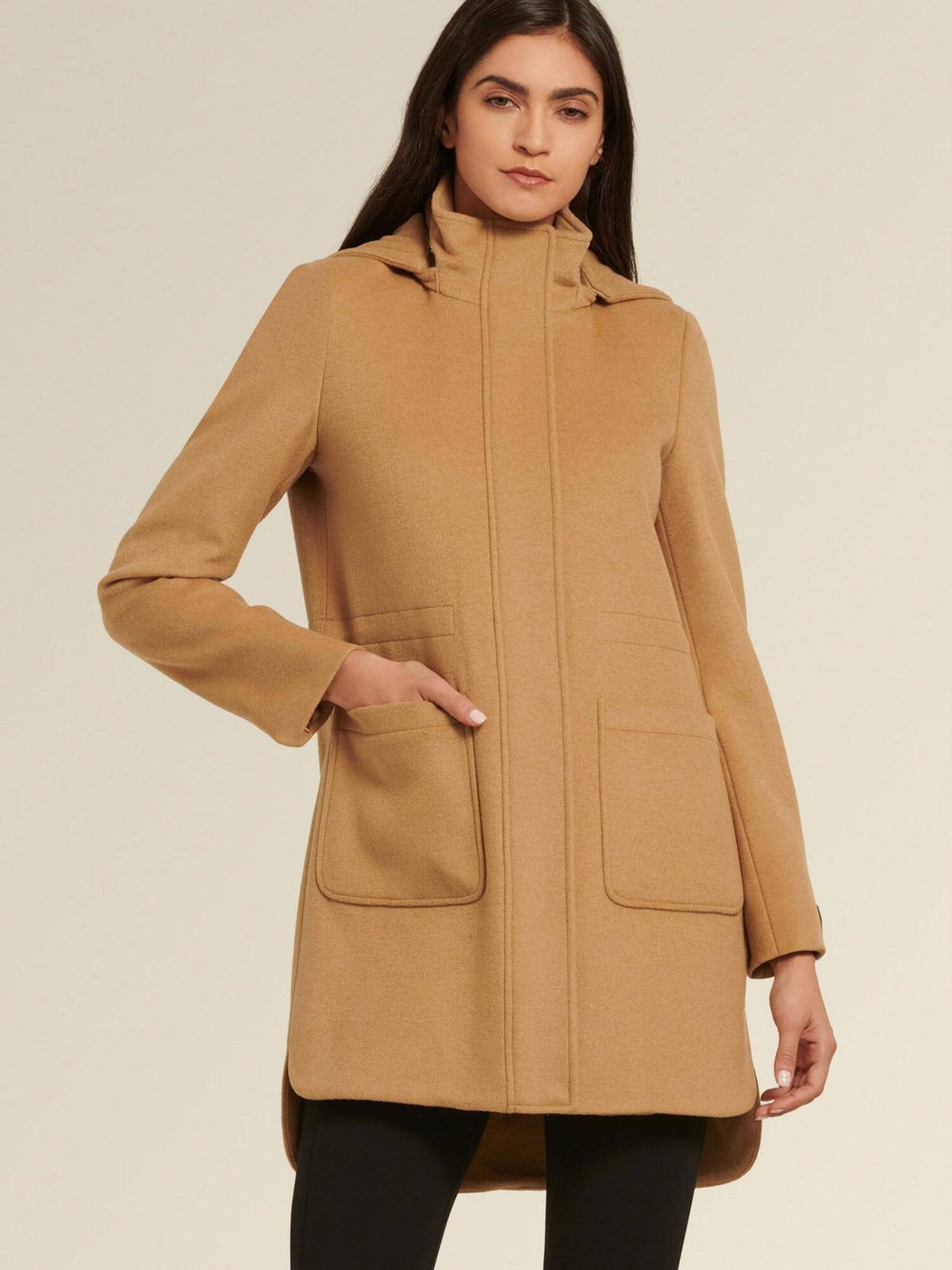 Camel Hooded Wool Blend Coat T31316