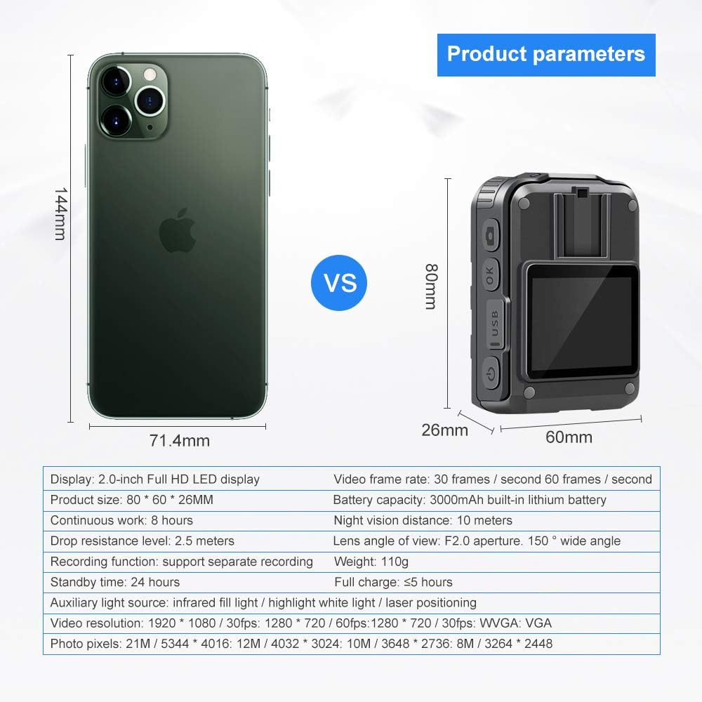1296P HD Waterproof Body Camera with 2 Inch Display, IR Night Vision, 64GB Memory Y166