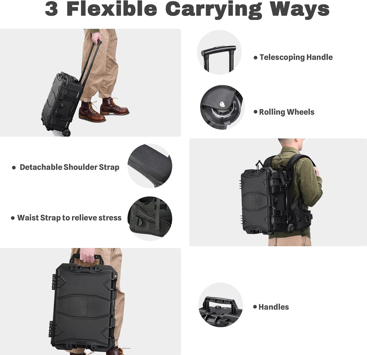 Black Rolling Waterproof Hard Camera Case with Wheels L681