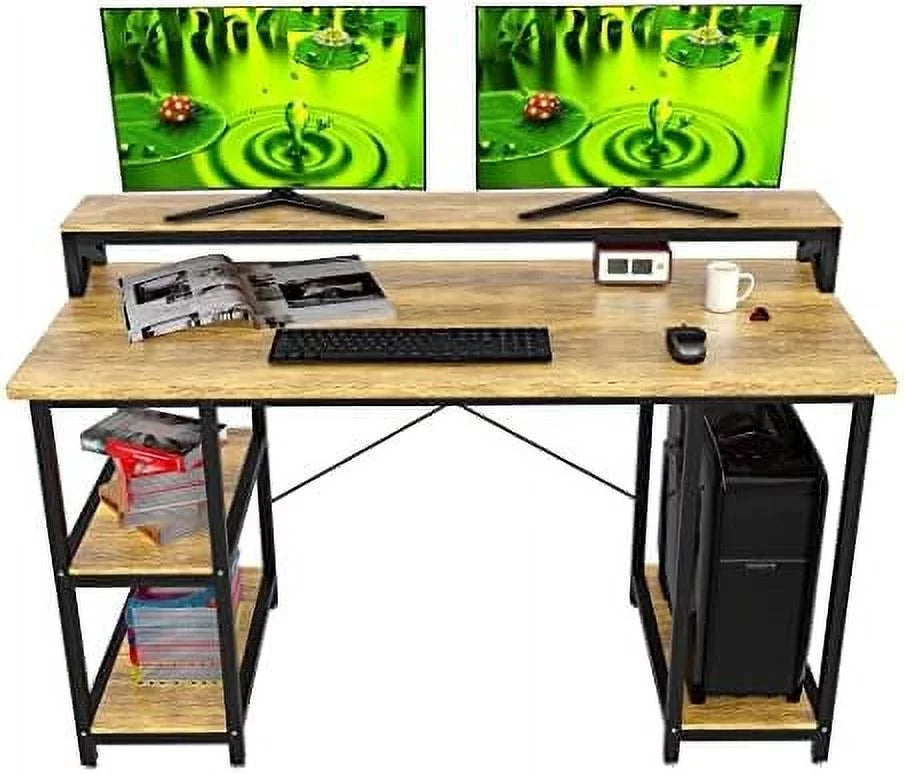 55 Inch Walnut And Black Wood Computer Desk With Monitor Shelf D1130