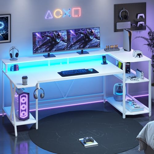Black Gaming Desk with LED Lights and Storage Shelves O34193