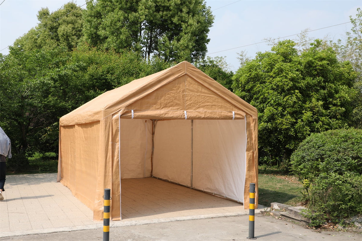10' X 20' Heavy Duty Galvanized Car Canopy with Removable Sidewalls and Doors Beige Y16765