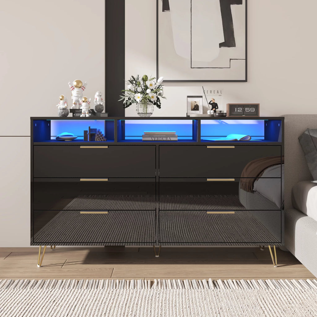 White 6 Drawer Wood Dresser with LED Lights A9901