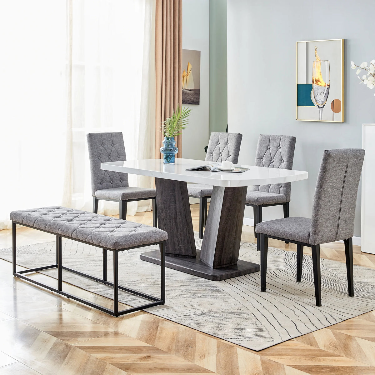 63" 6-Piece Dining Table with 4 Chairs & 1 Bench C3916