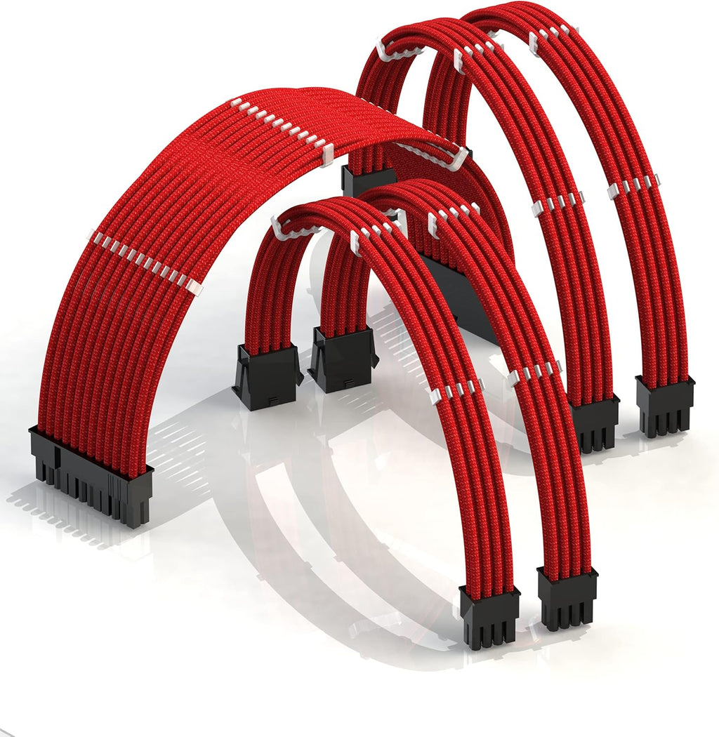 50cm Sleeved PSU Cable Extension Kit with Comb, Red Black, 24 P (20+4), 8 P CPU, 8 P GPU, 500mm, Pack of 2 F267