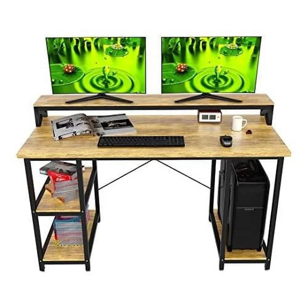 55 Inch Walnut And Black Wood Computer Desk With Monitor Shelf D1130