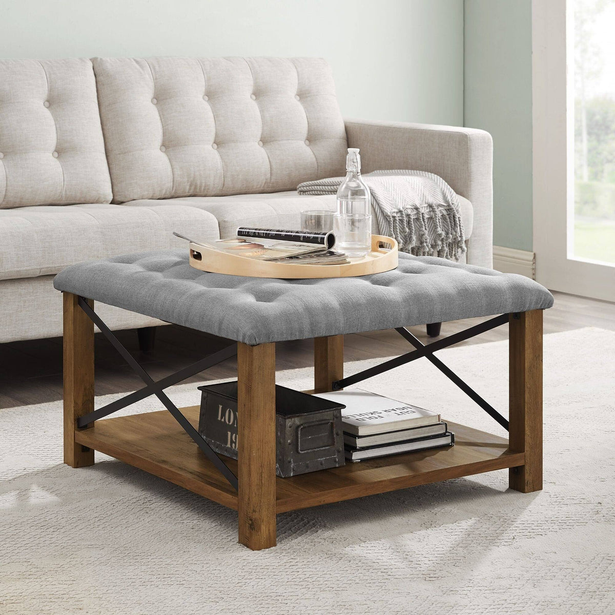 Grey Tufted Ottoman X93738