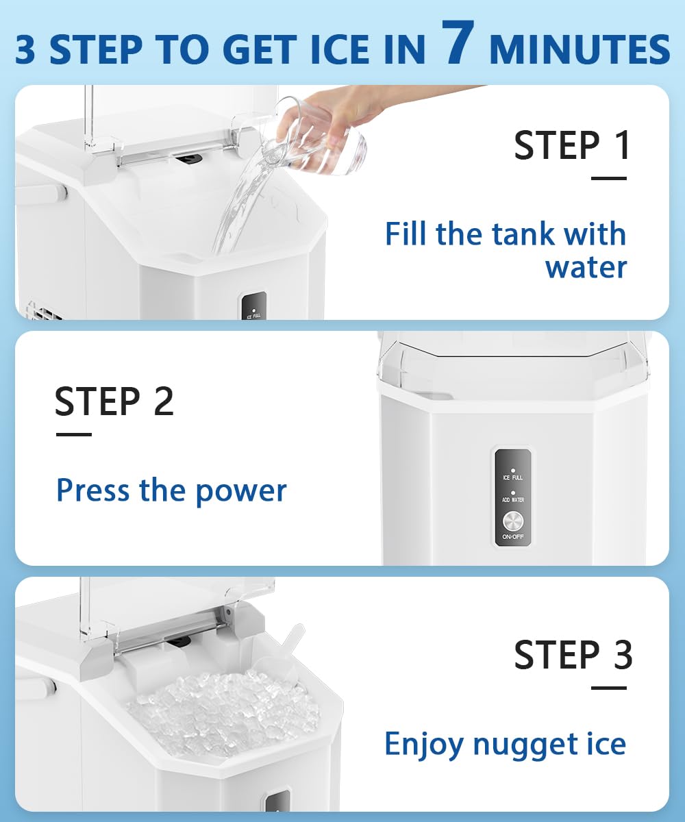 Nugget Ice Maker, 10,000pcs/33lbs/Day, Portable Countertop with Handle, Self-Cleaning, Ice Scoop and Basket, White T52552
