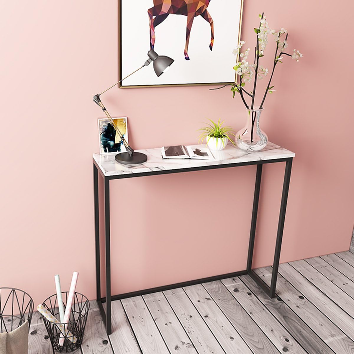 Black Faux Marble Console Table with Metal Frame D58943