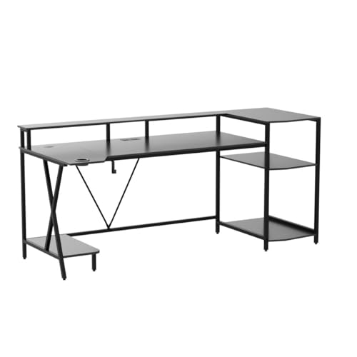 Black Gaming Desk with LED Lights and Storage Shelves O34193