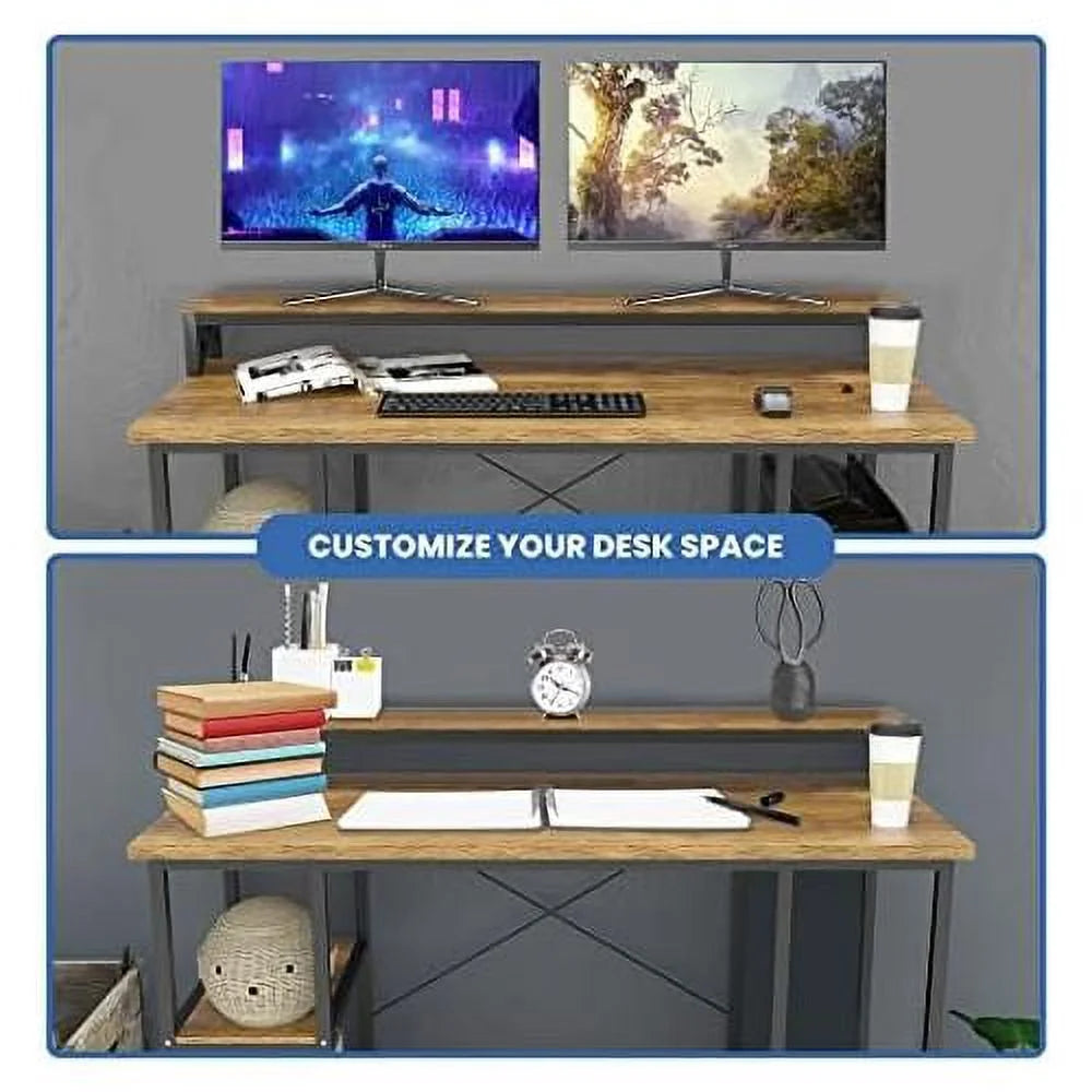 55 Inch Walnut And Black Wood Computer Desk With Monitor Shelf D1130