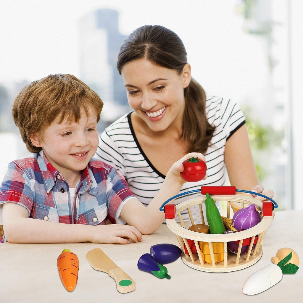 Magnetic Wooden Cutting Food Play Toy Set with Basket V24518