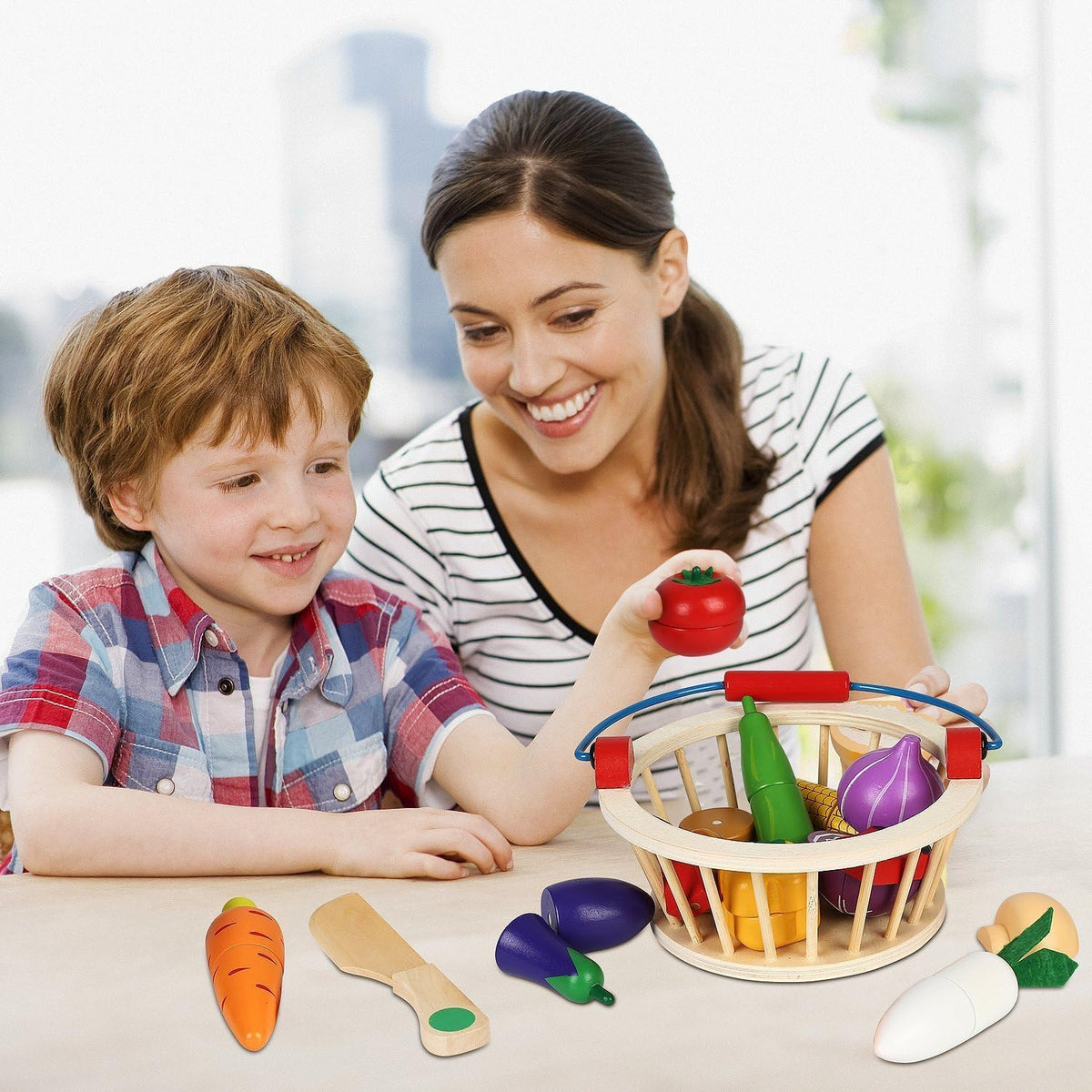 Magnetic Wooden Cutting Food Play Toy Set with Basket V24518