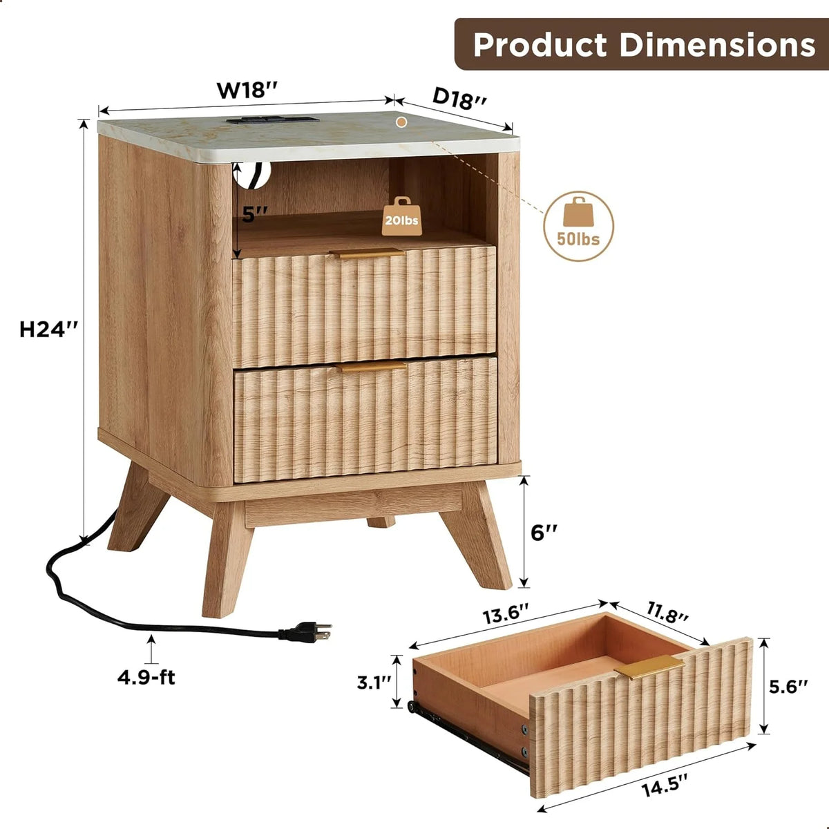 Mid-Century Modern Nightstand with Charging Station J396261