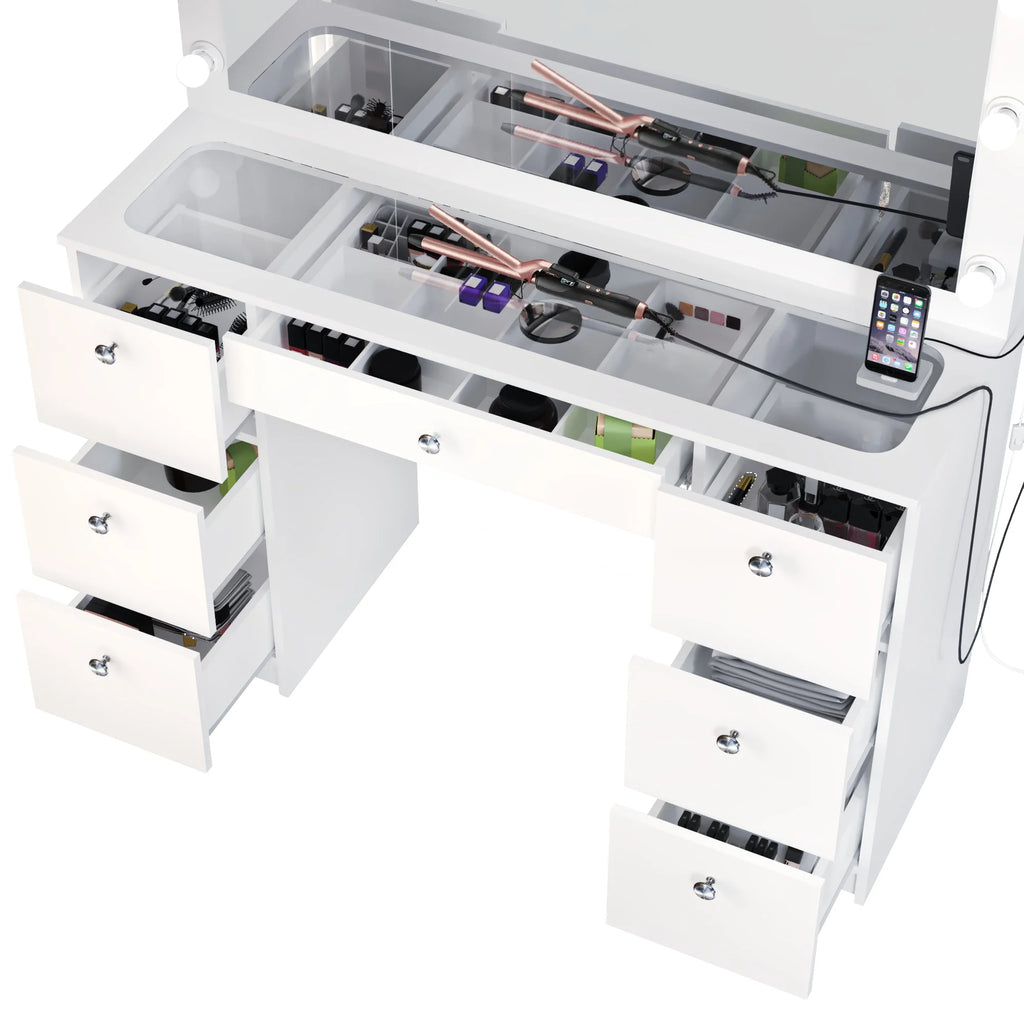 Modern Makeup Vanity Table Set with Mirror, 7 Drawers, White H790
