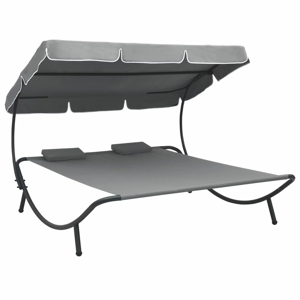 Outdoor Lounge Bed with Canopy and Pillows Fabric Steel Frame Gray Y652