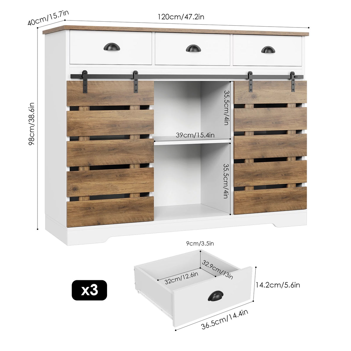 White 3 Drawer Buffet Cabinet with Sliding Barn Doors Z86715
