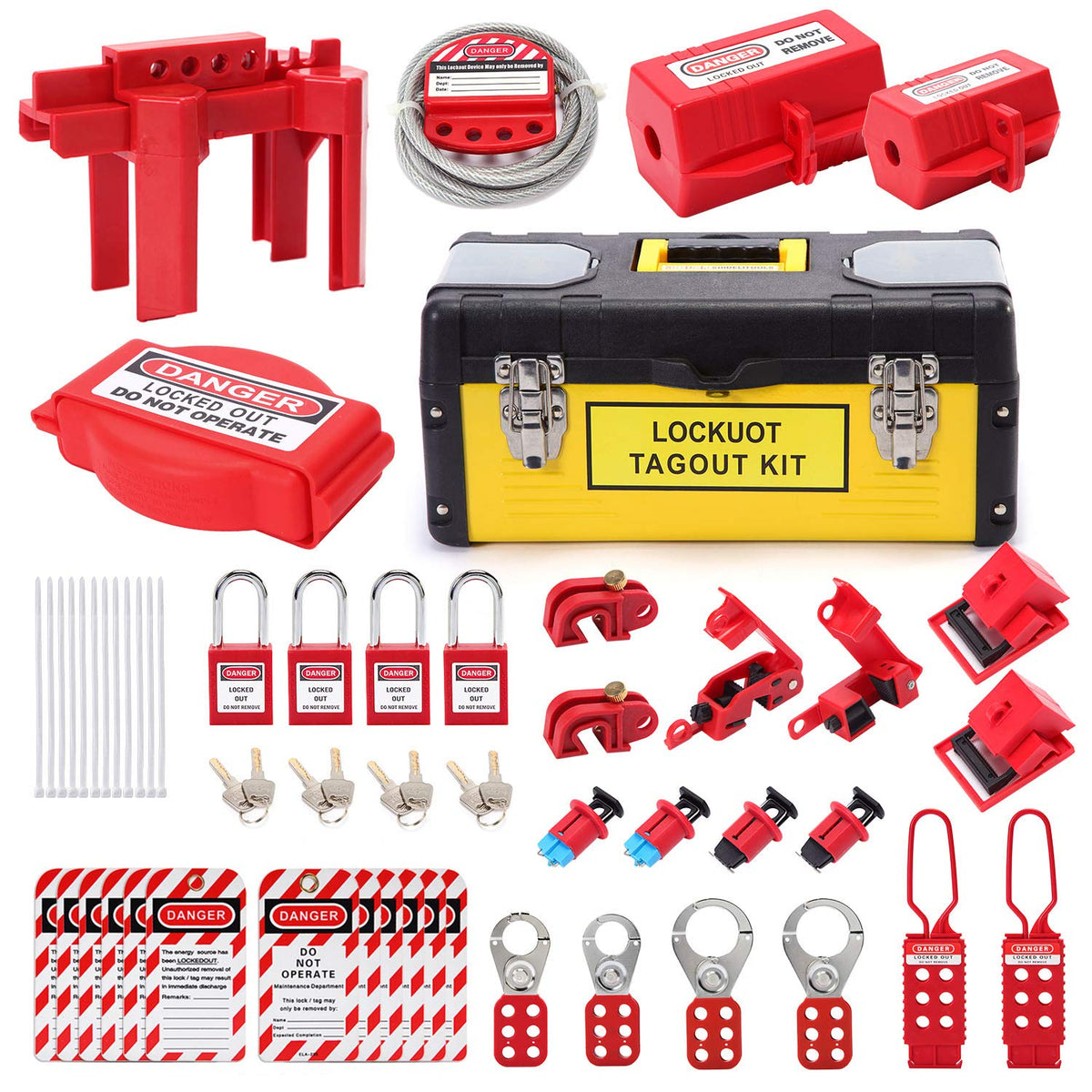 Lockout Tagout Kit with Safety Padlocks, Hasp, Breaker Lockout, Ball Valve Lockout, Steel Cable Lockout, Plug, Valve Lockout, Tags P31119