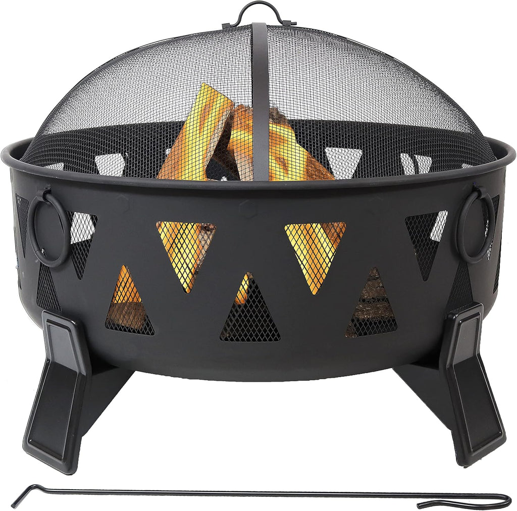 25-Inch Steel Wood-Burning Fire Pit with Poker and Spark Screen H8543