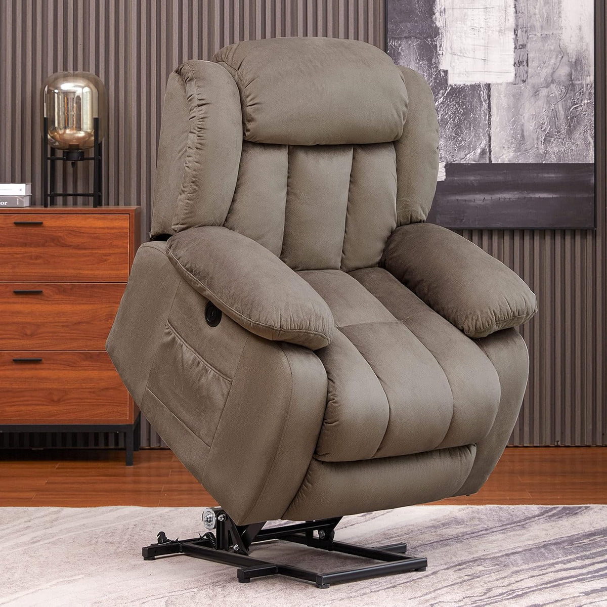 Dark Gray Plush Fabric Electric Power Lift Recliner Chair with Massage and Heat B432845