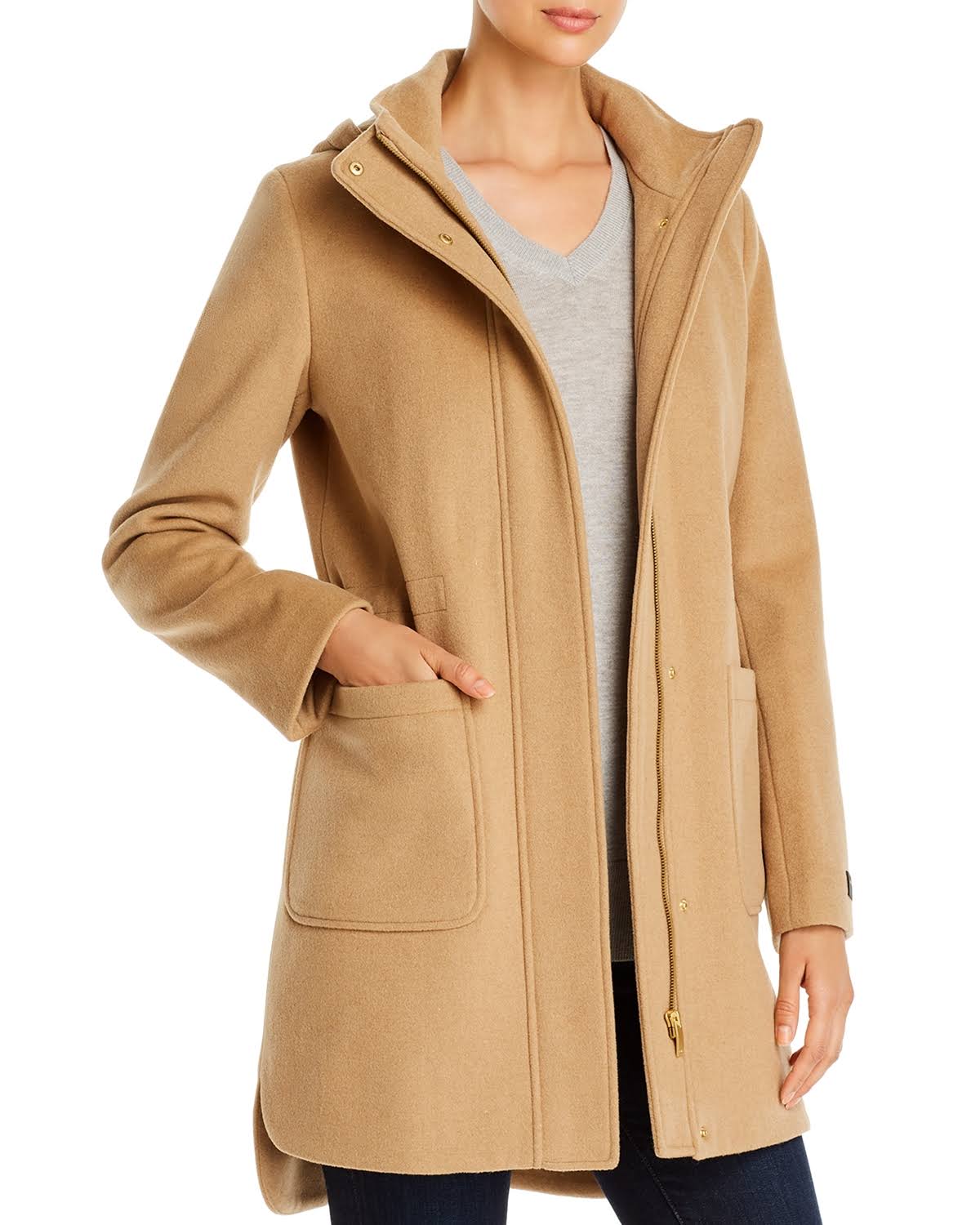 Camel Hooded Wool Blend Coat T31316