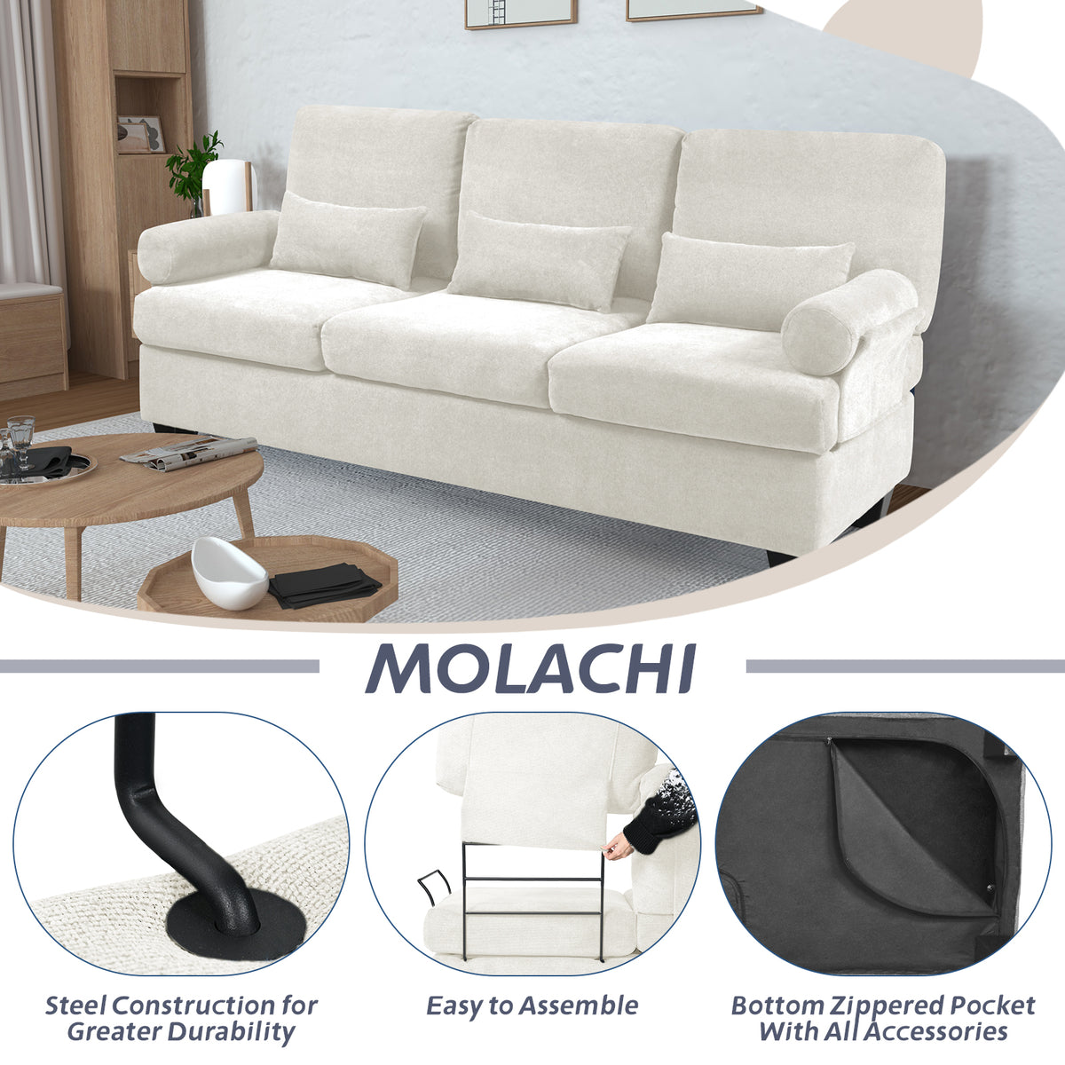 82" 3-seat Deep Seat Sofa with 3 Soft Pillows L600