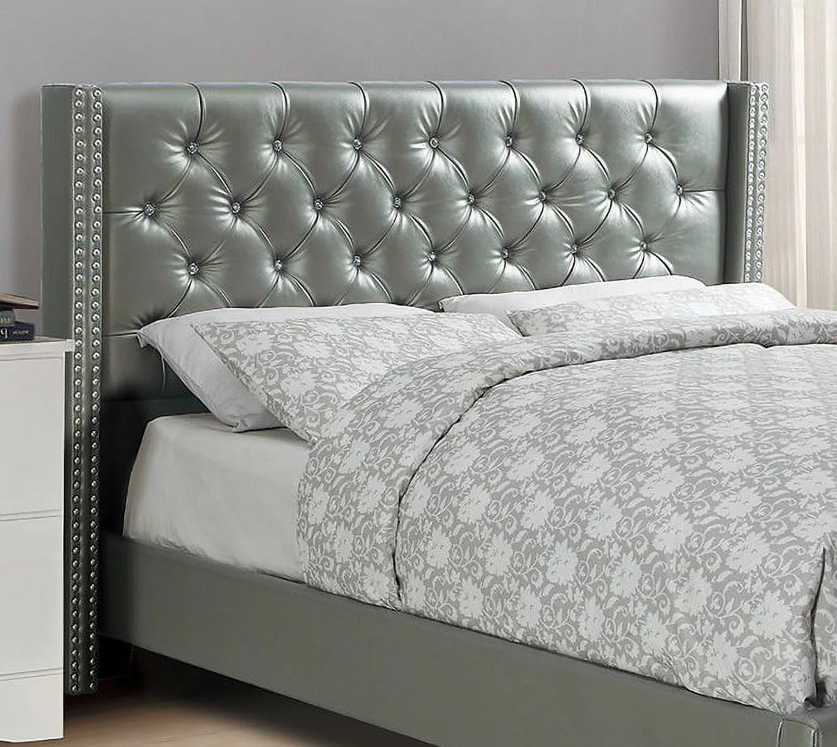 Queen Size Silver Faux Leather Upholstered Bed Frame N676