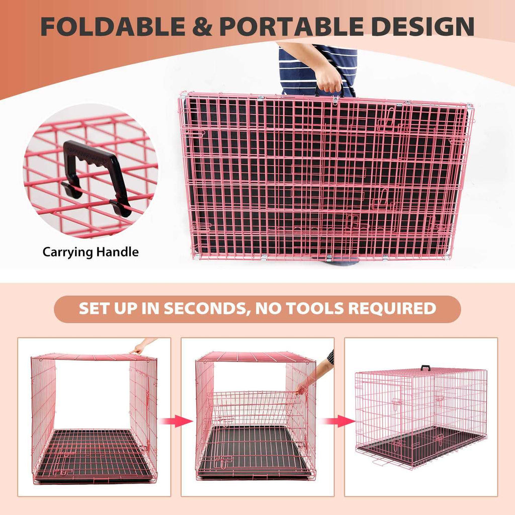 24,30,36,42,48 Inch Folding Metal Wire Dog Crate with Double-Door X29595