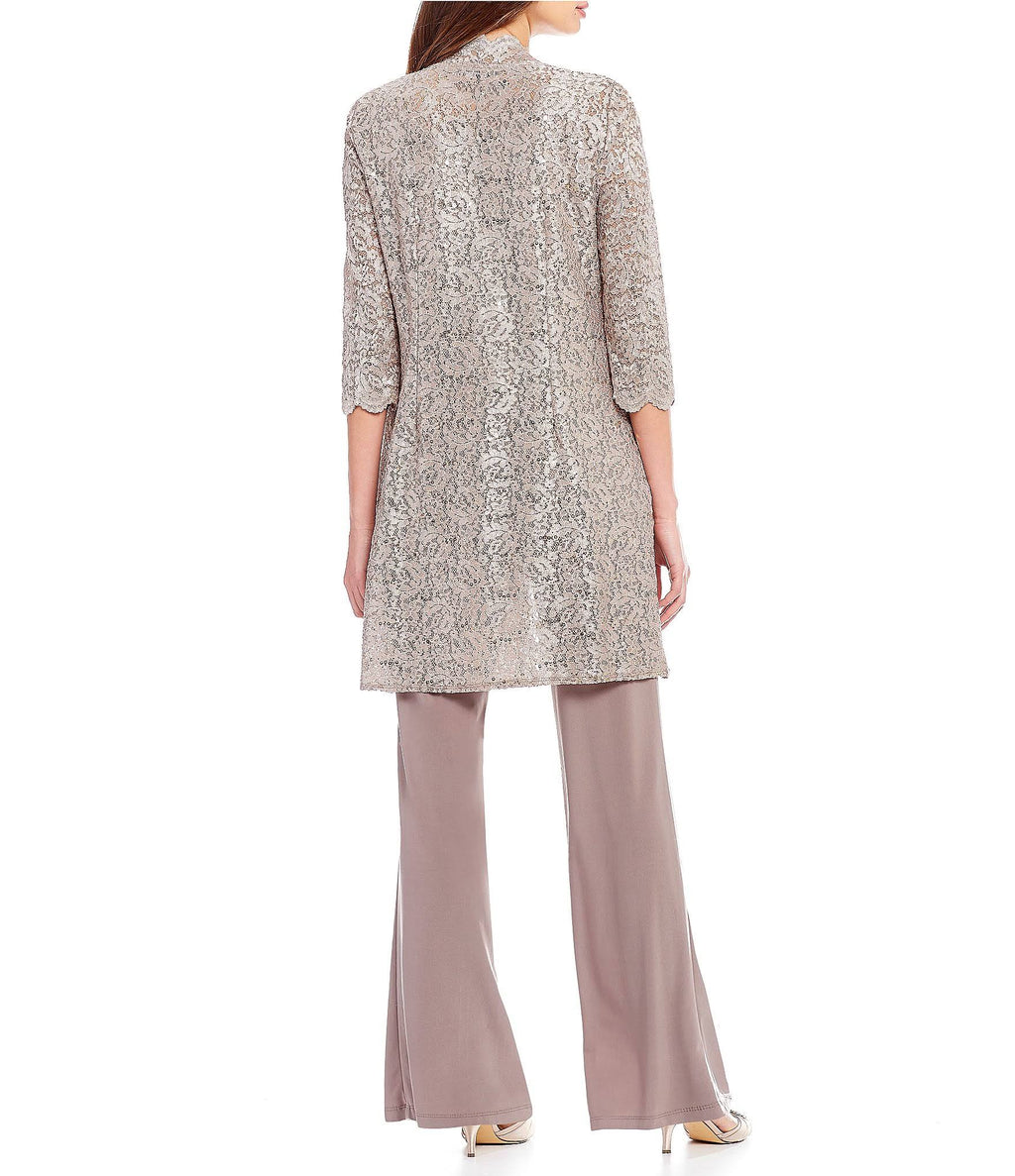 3-Piece Sequin Glitter Scallop Lace Duster Pant Set Q716