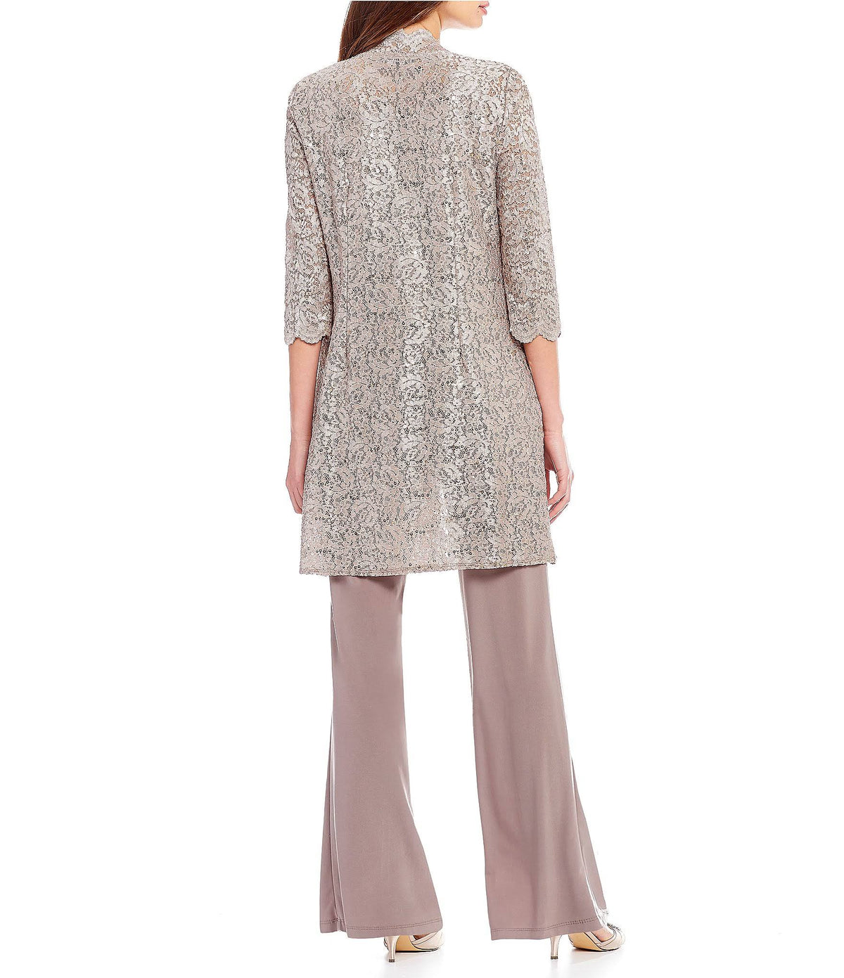 3-Piece Sequin Glitter Scallop Lace Duster Pant Set Q716